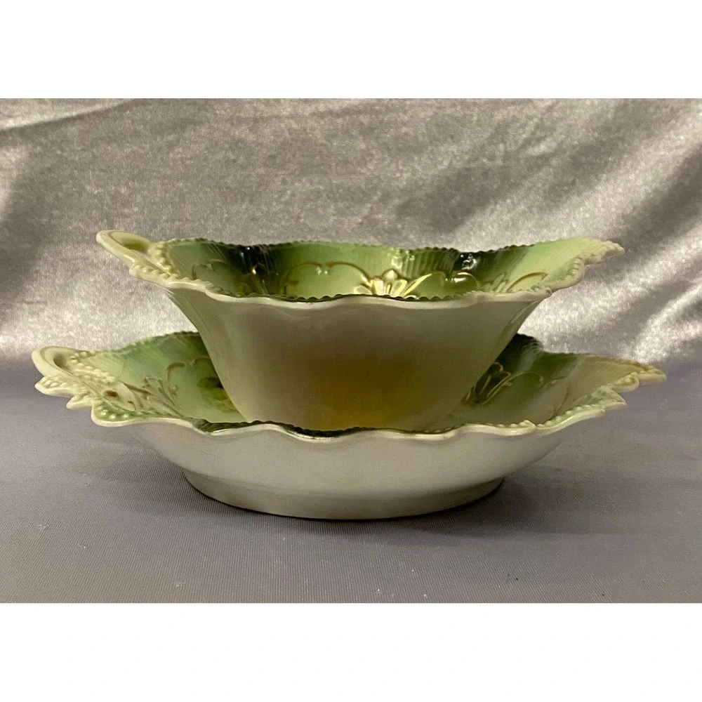 Two Antique Hand Painted Austria Bowl And Saucer Painted /Green Grapes PreOwned